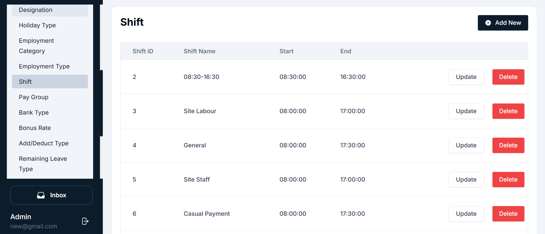 Shift Management Page